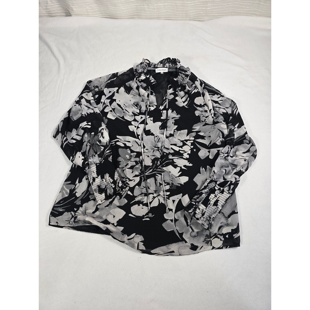 Calvin Klein Womens Black White Floral Ruffle Neck Tie Blouse Size Medium